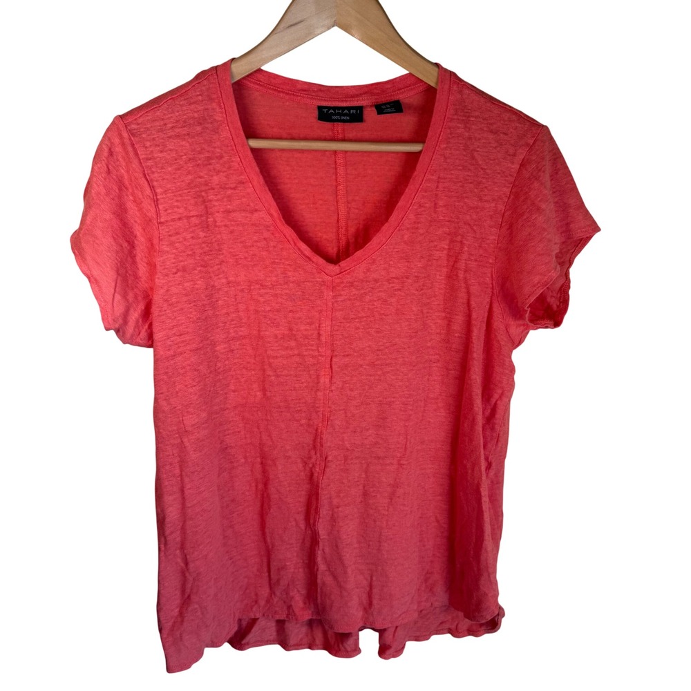 Tahari Linen V-Neck T-Shirt‎ Women XL Coral Pink Short Sleeve Casual Slub Top